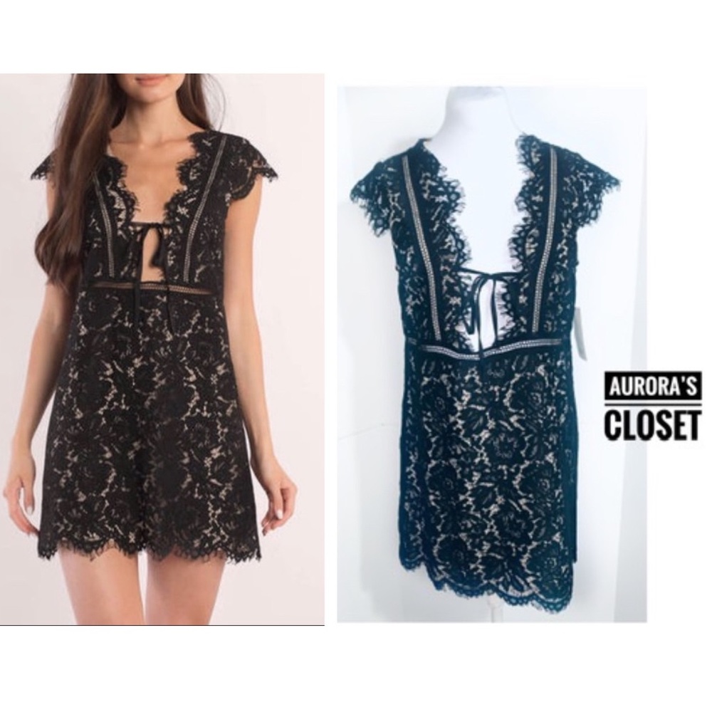 Tobi S Black Lace Mini Dress Eyelash Front Tie Scallop Cap Sleeve NWT